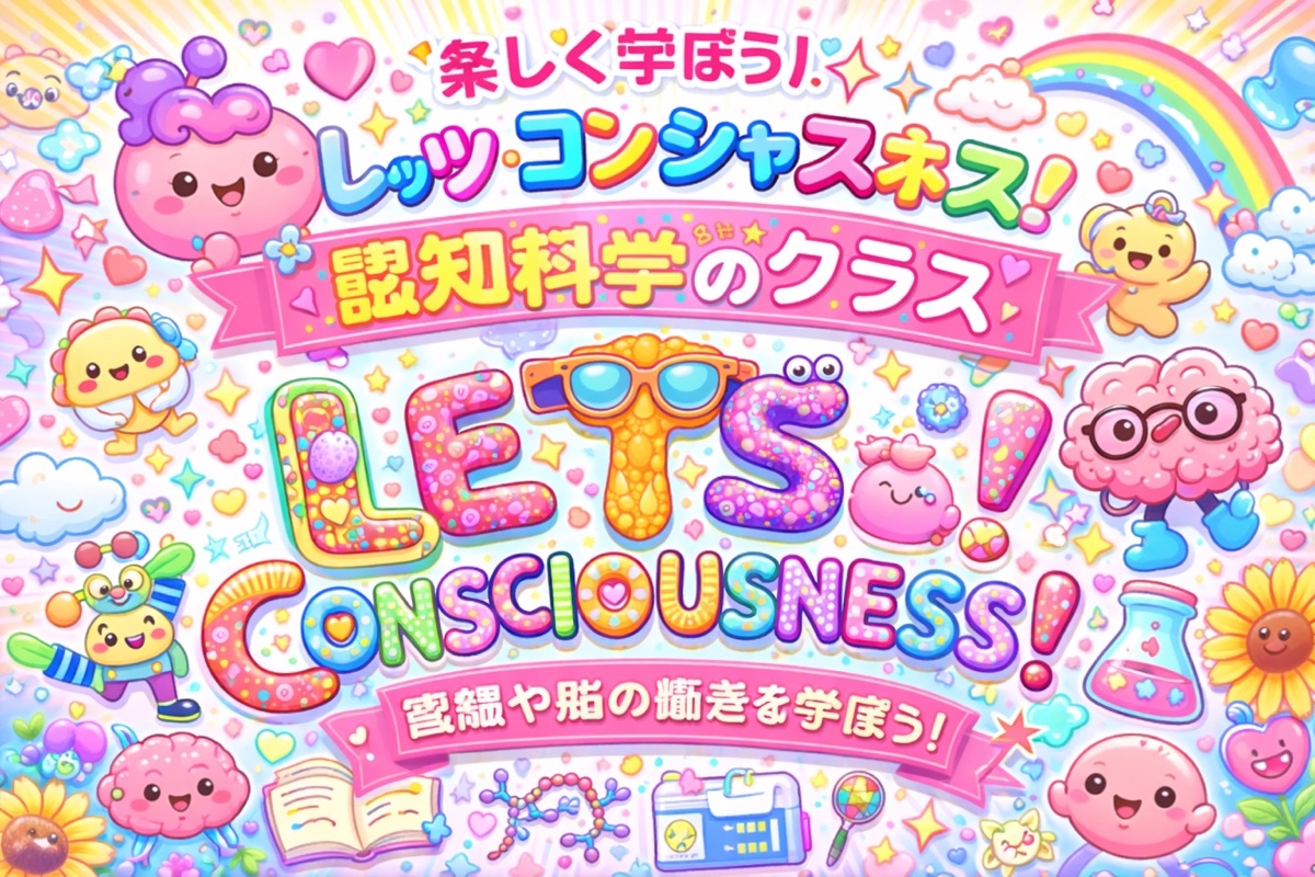 Let's Consciousness! A pastel kawaii cognitive science
            class title card, in the manner of a Japanese English
            textbook.